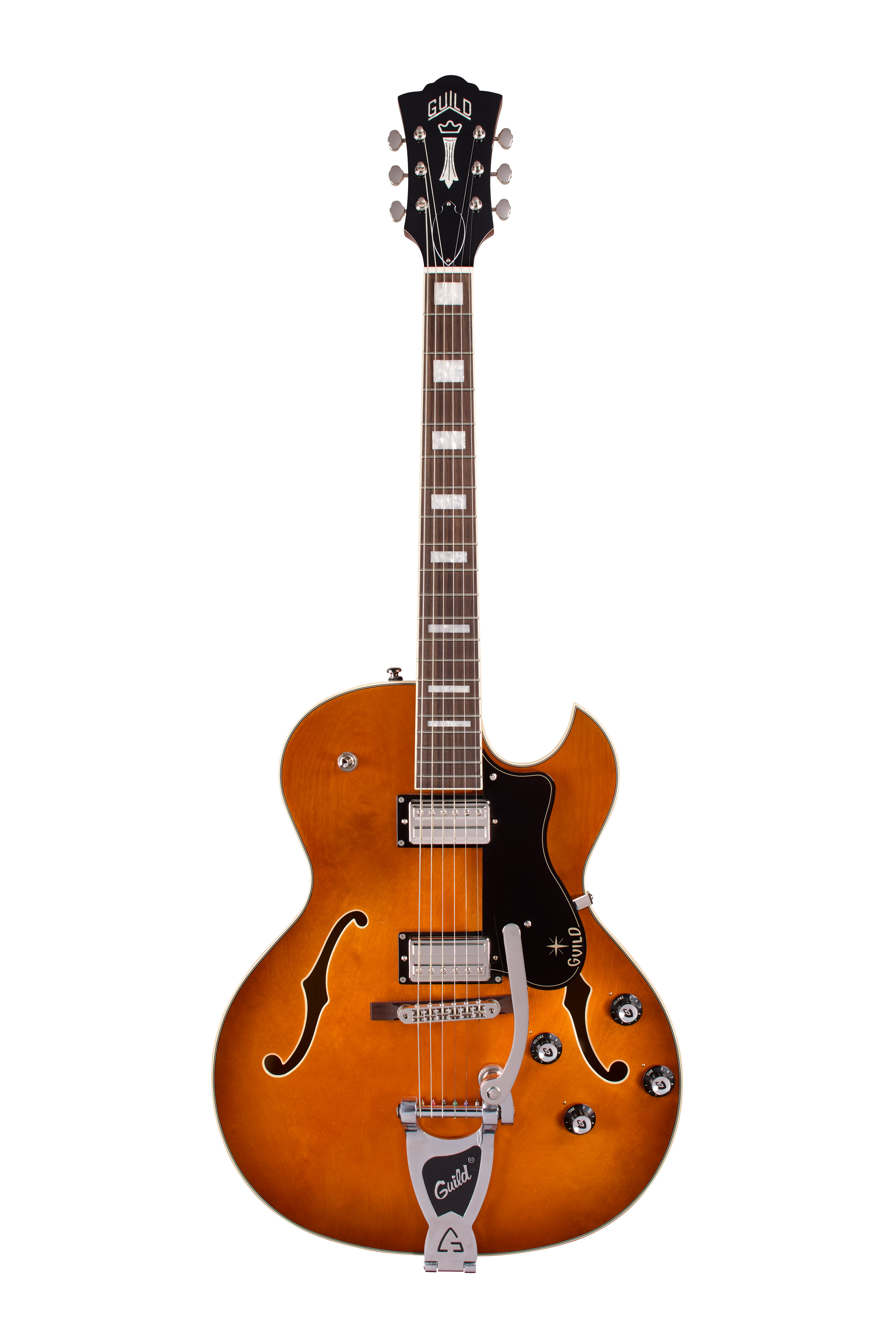 E-Gitarre, Hollowbody, Orangbraun, F-Löcher, Doppelspulen-Tonabnehmer